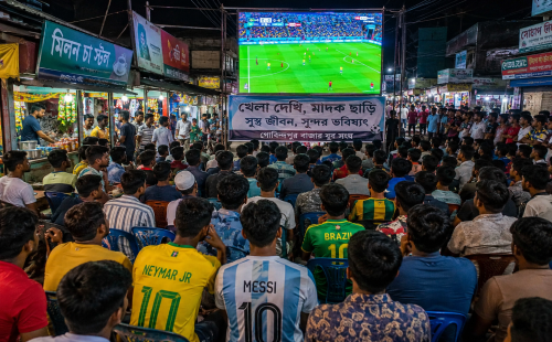 গোবিন্দপুর বাজারে বিশ্বকাপের উন্মাদনা, মাদকবিরোধী বার্তায় বড় পর্দায় খেলা দেখছেন তরুণরা